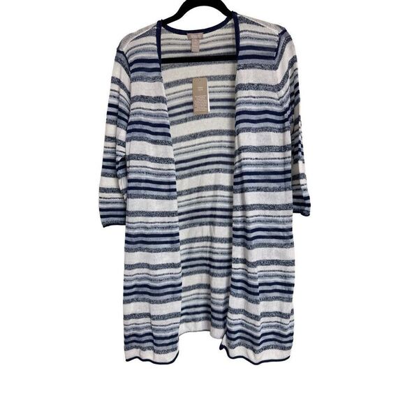 Chicos Duster Womens SZ 1 M 8 Glacial Blue Abstract Lines Stripe Cardigan NWT - Picture 1 of 12